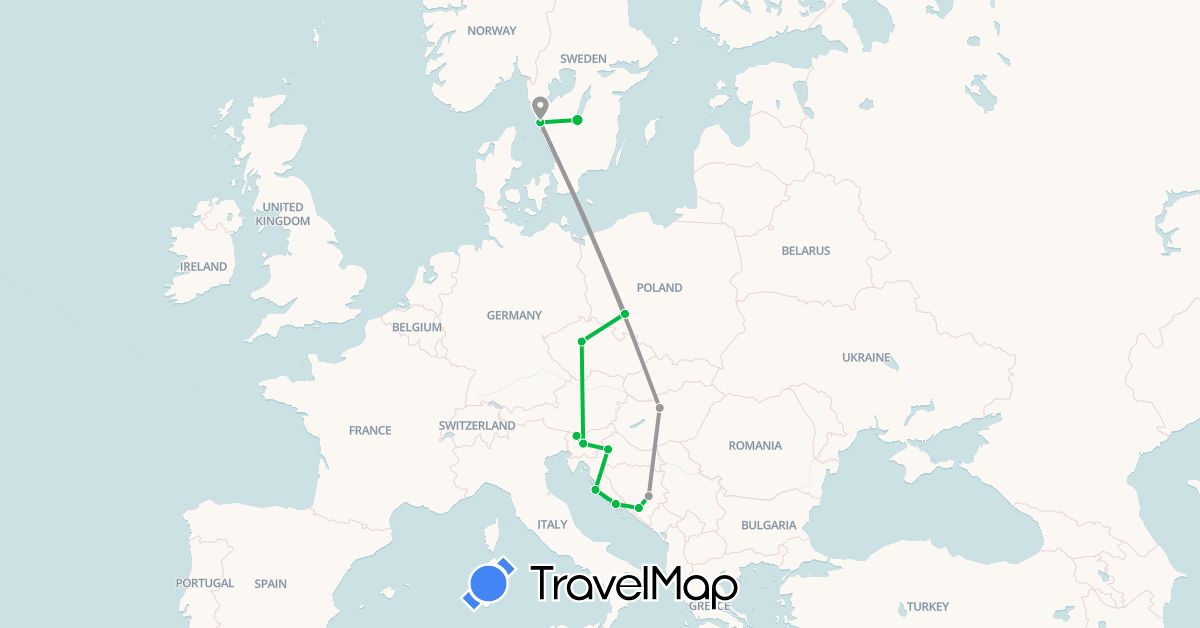 TravelMap itinerary: driving, bus, plane in Bosnia and Herzegovina, Czech Republic, Croatia, Hungary, Poland, Sweden, Slovenia (Europe)