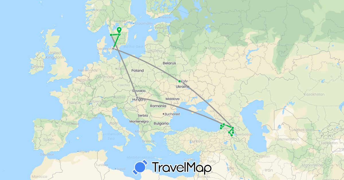 TravelMap itinerary: driving, bus, plane in Armenia, Denmark, Georgia, Hungary, Sweden, Ukraine (Asia, Europe)