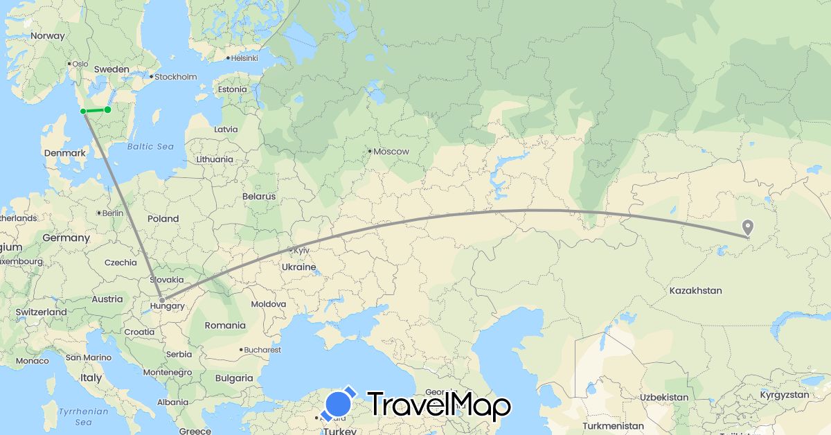 TravelMap itinerary: driving, bus, plane in Hungary, Kazakhstan, Sweden (Asia, Europe)