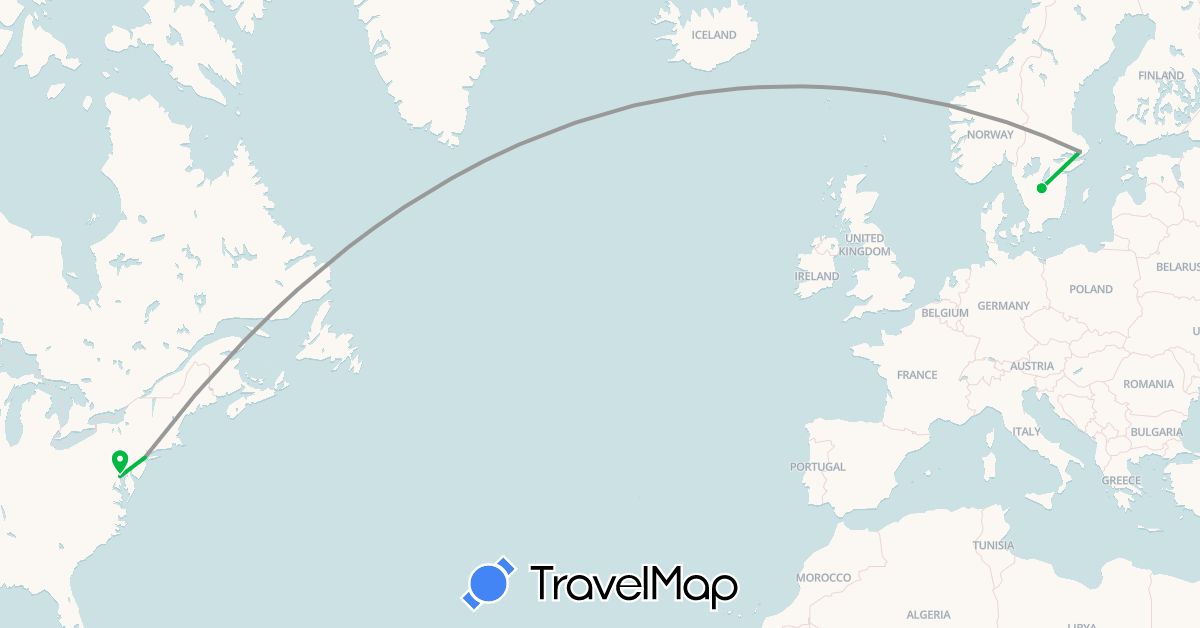 TravelMap itinerary: driving, bus, plane in Sweden, United States (Europe, North America)