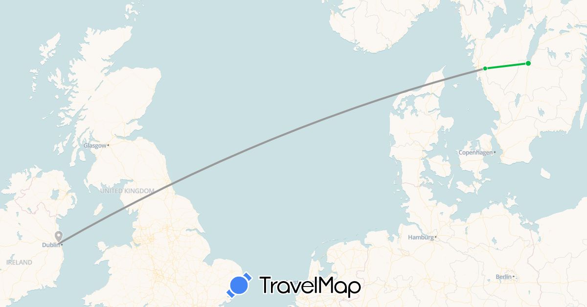 TravelMap itinerary: driving, bus, plane in Ireland, Sweden (Europe)