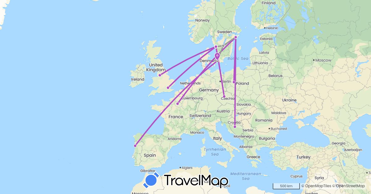 TravelMap itinerary: driving, plane, train in Bosnia and Herzegovina, Czech Republic, Denmark, France, United Kingdom, Poland, Portugal, Sweden (Europe)