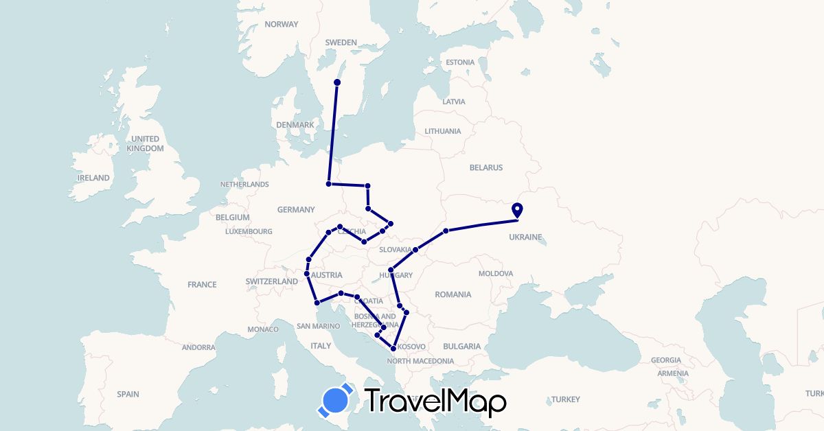 TravelMap itinerary: driving in Austria, Bosnia and Herzegovina, Czech Republic, Germany, Croatia, Hungary, Italy, Montenegro, Poland, Serbia, Sweden, Slovenia, Slovakia, Ukraine (Europe)