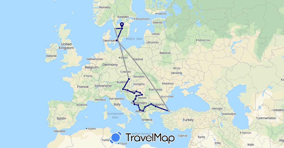 TravelMap itinerary: driving, plane in Albania, Austria, Bosnia and Herzegovina, Bulgaria, Denmark, Croatia, Montenegro, Macedonia, Serbia, Sweden, Slovenia, Turkey (Asia, Europe)