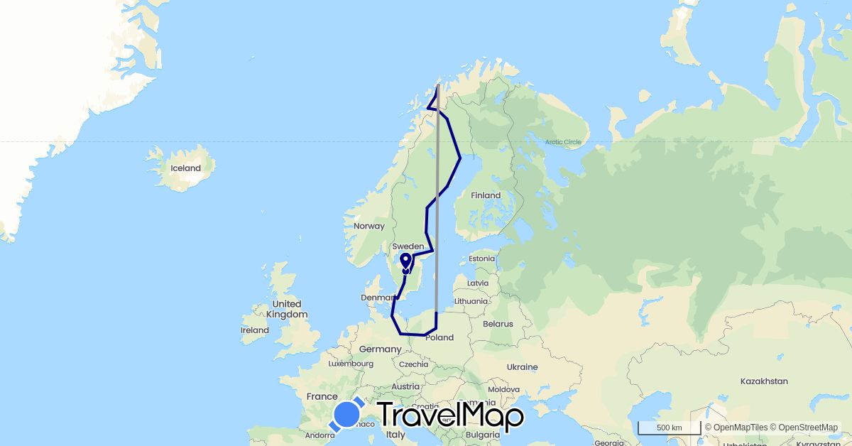 TravelMap itinerary: driving, plane in Germany, Denmark, Norway, Poland, Sweden (Europe)