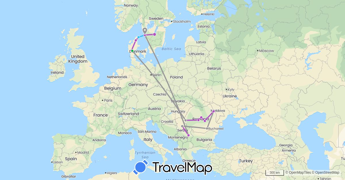 TravelMap itinerary: driving, bus, plane, train, boat in Denmark, Romania, Serbia, Sweden (Europe)