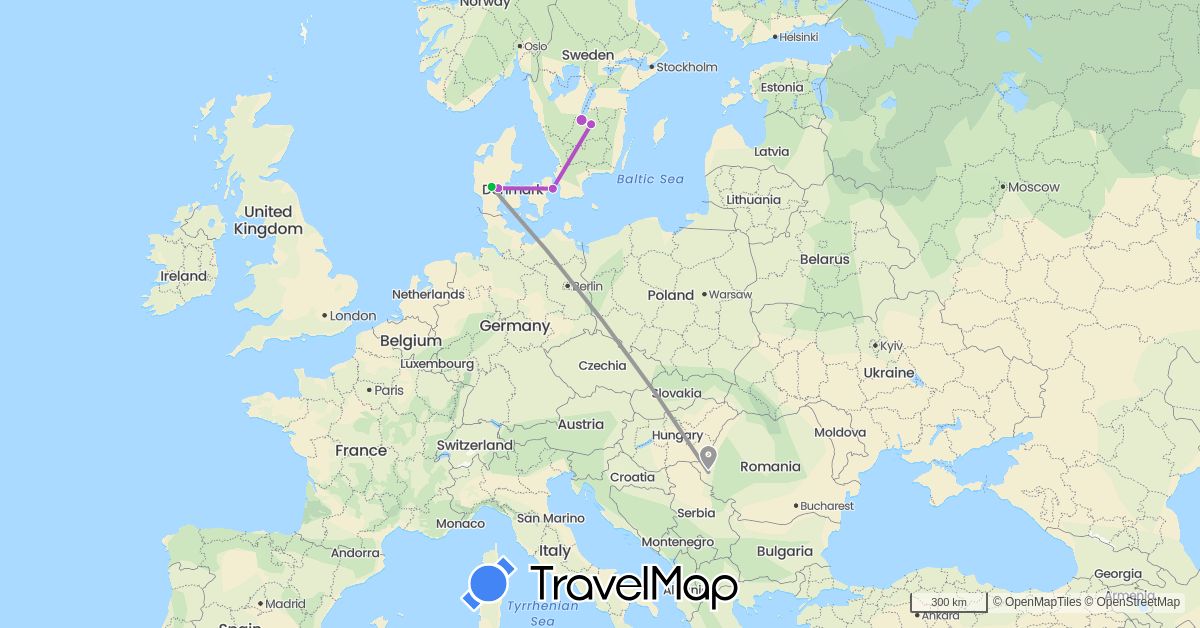 TravelMap itinerary: driving, bus, plane, train in Denmark, Romania, Sweden (Europe)