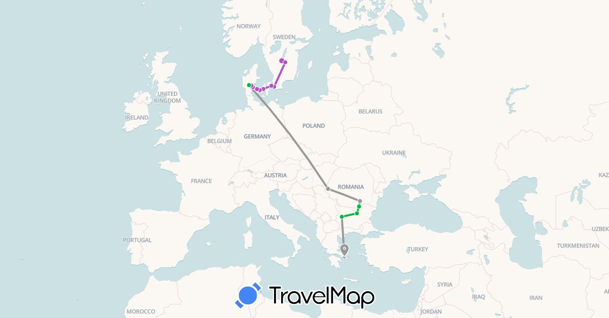 TravelMap itinerary: driving, bus, plane, train in Bulgaria, Denmark, Greece, Romania, Sweden (Europe)