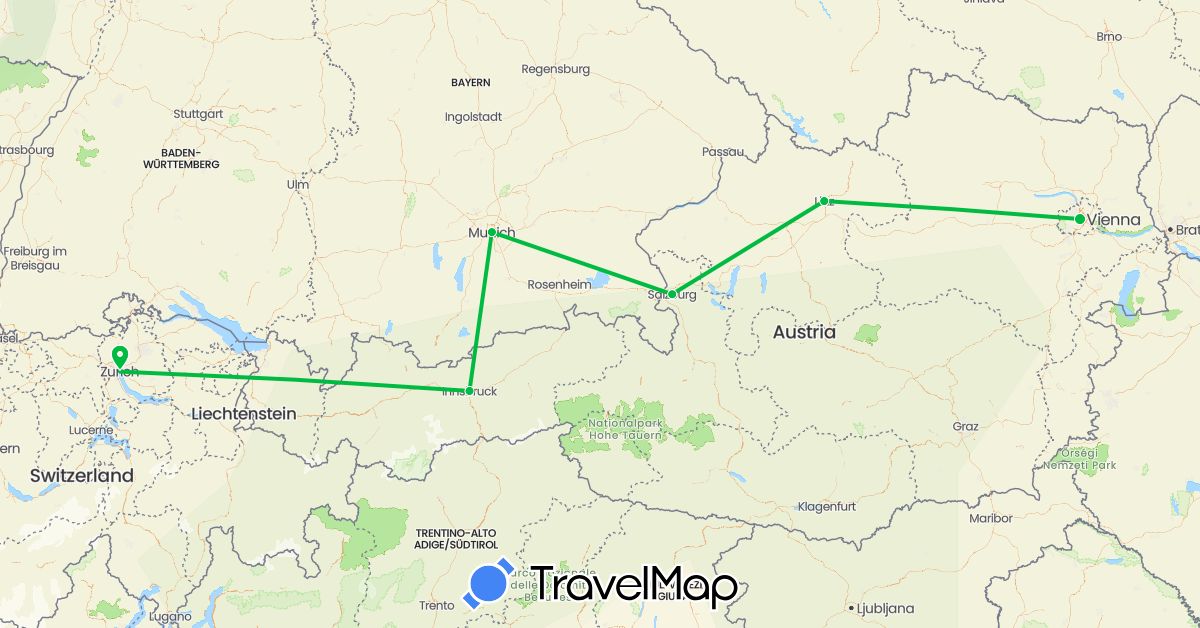 TravelMap itinerary: driving, bus in Austria, Switzerland, Germany (Europe)