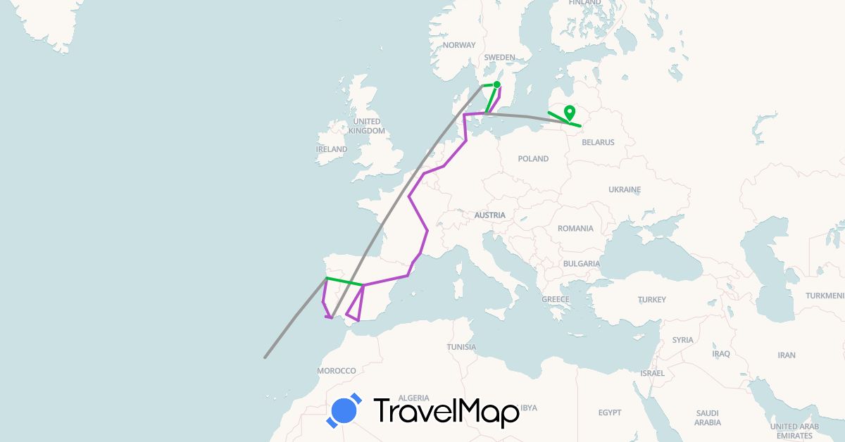 TravelMap itinerary: driving, bus, plane, train in Belgium, Germany, Denmark, Spain, France, Lithuania, Portugal, Sweden (Europe)