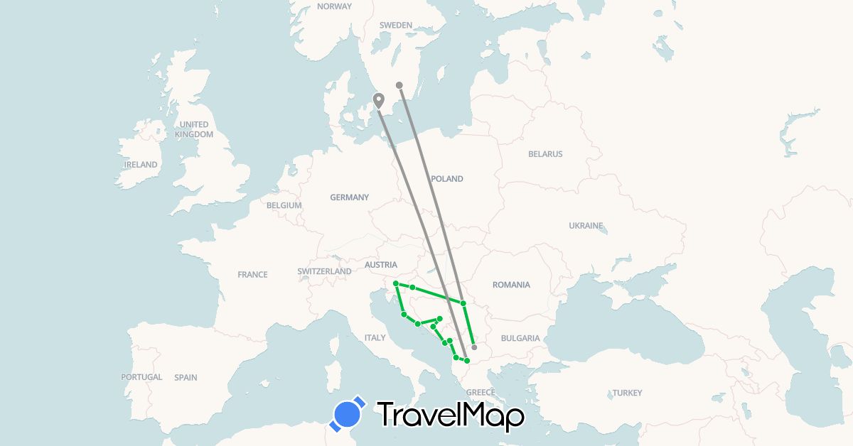 TravelMap itinerary: driving, bus, plane in Albania, Bosnia and Herzegovina, Croatia, Montenegro, Macedonia, Serbia, Sweden, Slovenia (Europe)