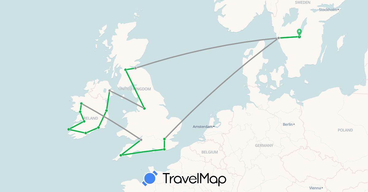 TravelMap itinerary: driving, bus, plane in United Kingdom, Ireland, Sweden (Europe)