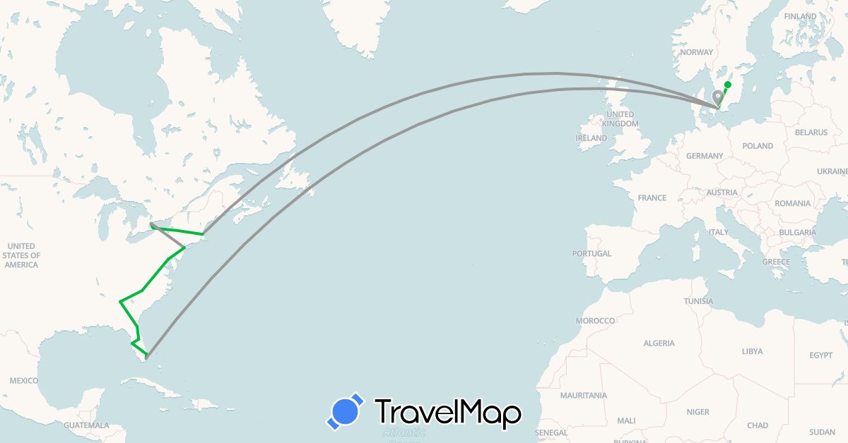 TravelMap itinerary: driving, bus, plane in Canada, Denmark, Sweden, United States (Europe, North America)