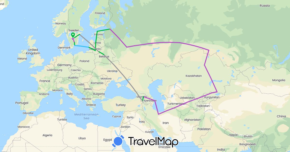 TravelMap itinerary: driving, bus, plane, train, boat in Armenia, Azerbaijan, Belarus, Estonia, Georgia, Iran, Kyrgyzstan, Kazakhstan, Lithuania, Latvia, Russia, Sweden, Turkmenistan, Uzbekistan (Asia, Europe)