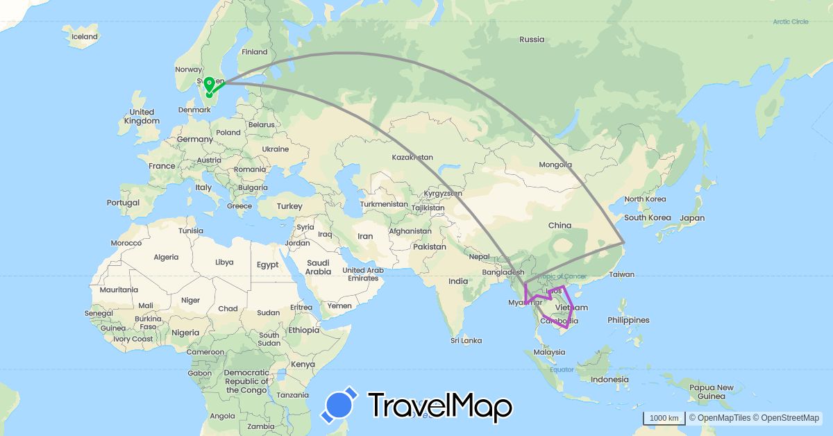 TravelMap itinerary: driving, bus, plane, train in China, Cambodia, Laos, Myanmar (Burma), Sweden, Thailand, Vietnam (Asia, Europe)