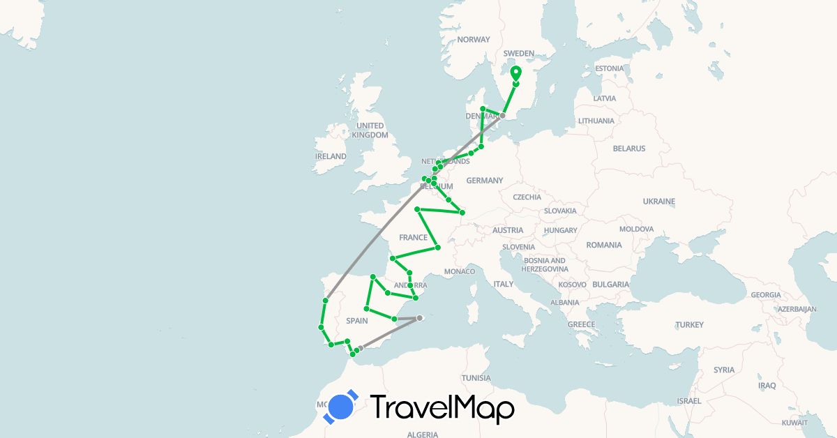 TravelMap itinerary: driving, bus, plane in Andorra, Belgium, Germany, Denmark, Spain, France, Gibraltar, Luxembourg, Netherlands, Portugal, Sweden (Europe)