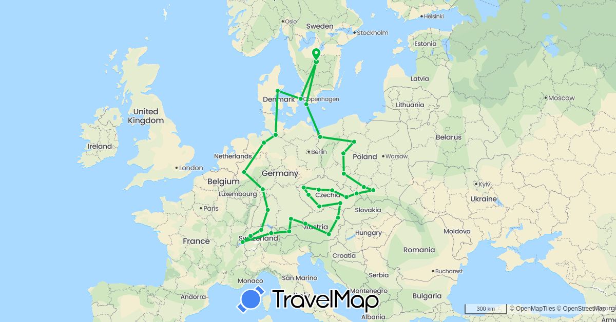 TravelMap itinerary: driving, bus in Austria, Switzerland, Czech Republic, Germany, Denmark, Liechtenstein, Poland, Sweden (Europe)