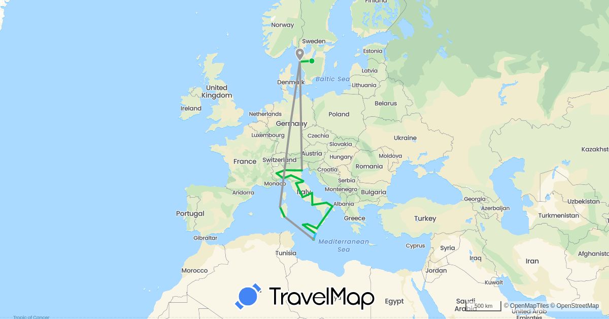 TravelMap itinerary: driving, bus, plane, boat in Italy, Malta, Sweden, San Marino (Europe)