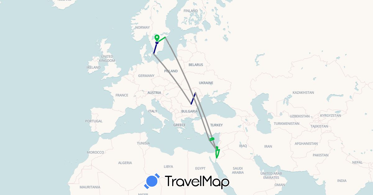 TravelMap itinerary: driving, bus, plane in Cyprus, Israel, Jordan, Palestinian Territories, Romania, Sweden (Asia, Europe)