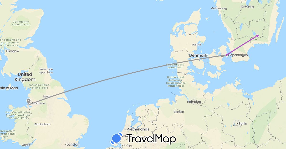 TravelMap itinerary: driving, plane, train in Denmark, United Kingdom, Sweden (Europe)