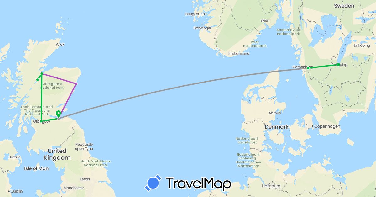 TravelMap itinerary: driving, bus, plane, train in United Kingdom, Sweden (Europe)