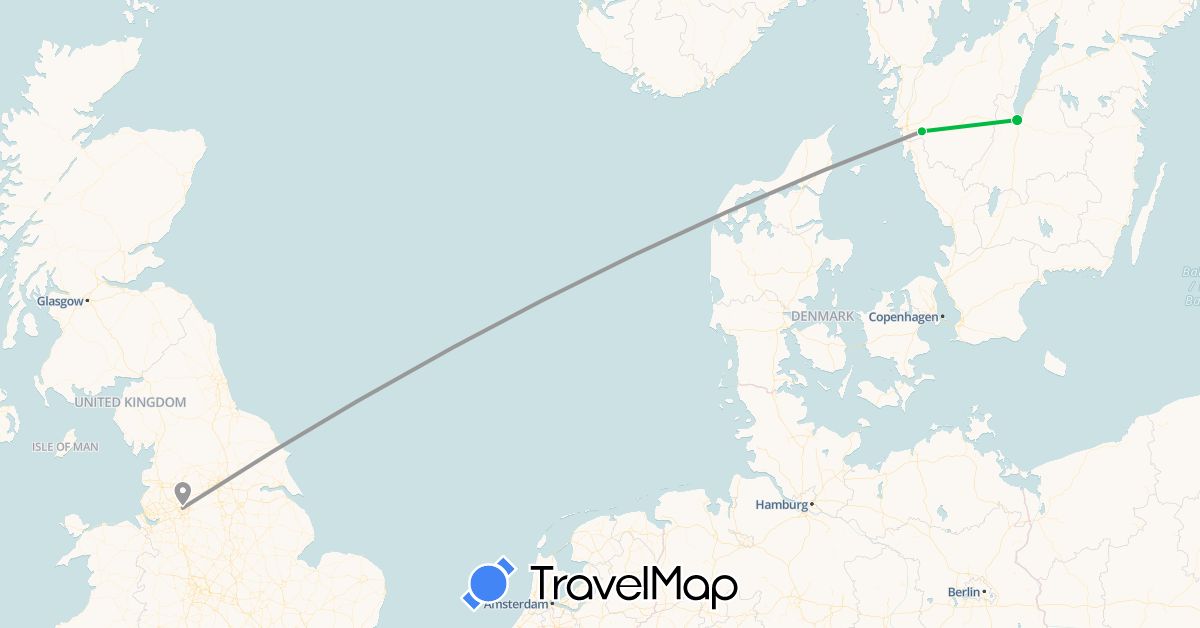 TravelMap itinerary: driving, bus, plane in United Kingdom, Sweden (Europe)