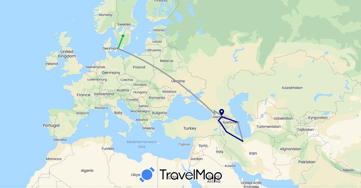 TravelMap itinerary: driving, bus, plane in Armenia, Azerbaijan, Denmark, Georgia, Iran, Sweden (Asia, Europe)