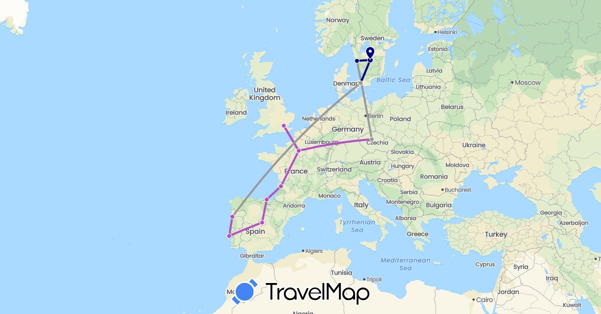TravelMap itinerary: driving, plane, train in Czech Republic, Denmark, Spain, France, United Kingdom, Portugal, Sweden (Europe)