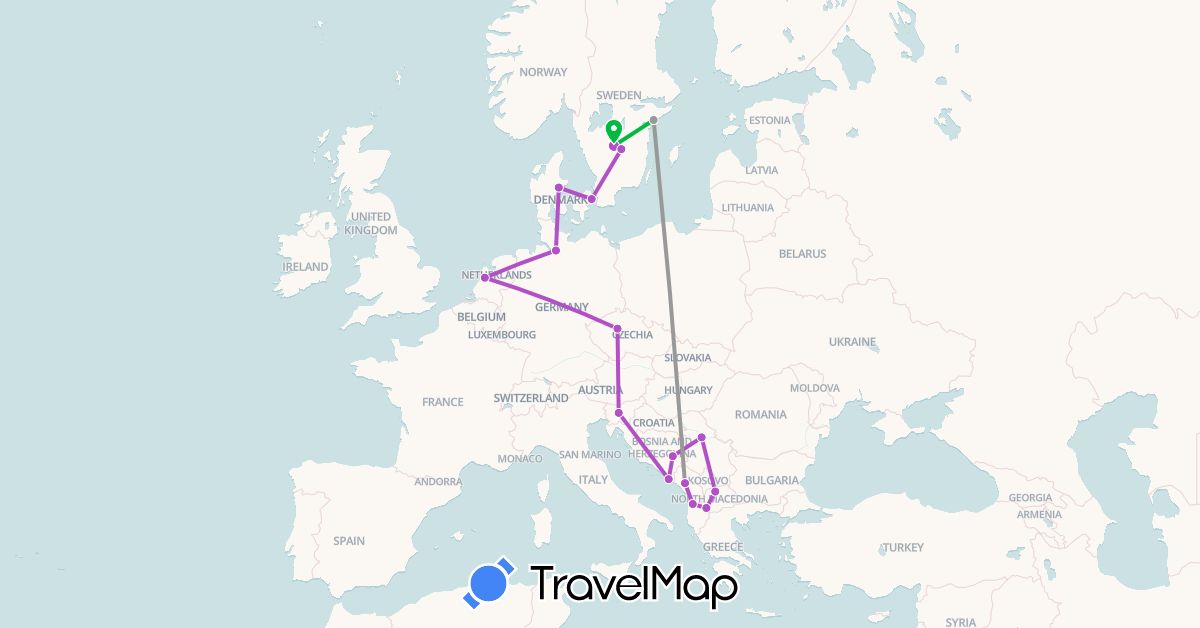 TravelMap itinerary: driving, bus, plane, train in Albania, Bosnia and Herzegovina, Czech Republic, Germany, Denmark, Croatia, Montenegro, Macedonia, Netherlands, Serbia, Sweden, Slovenia (Europe)