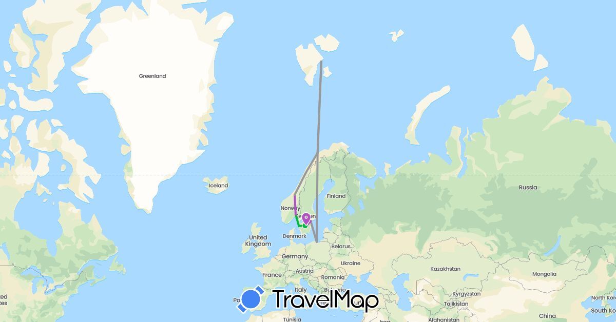 TravelMap itinerary: driving, bus, plane, train in Norway, Poland, Sweden (Europe)